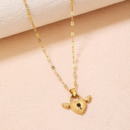 Stainless Steel Pendant Necklace for Women - Fashionable, Versatile, and Cute Heart Wing Lock Design with 18K Gold Plating - Perfect for Everyday Style! - YUZENG-jewelrystore.com