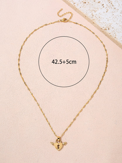 Stainless Steel Pendant Necklace for Women - Fashionable, Versatile, and Cute Heart Wing Lock Design with 18K Gold Plating - Perfect for Everyday Style! - YUZENG-jewelrystore.com