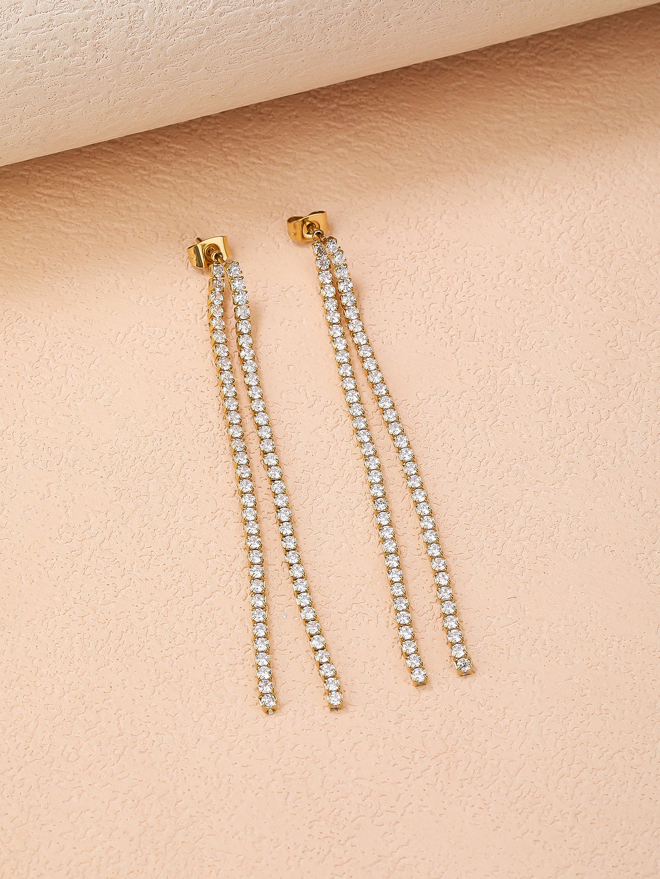 Elegant Double Drop Diamond Earrings in Stainless Steel Gold Plating - YUZENG-jewelrystore.com