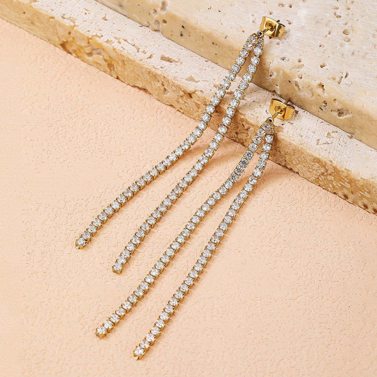 Elegant Double Drop Diamond Earrings in Stainless Steel Gold Plating - YUZENG-jewelrystore.com