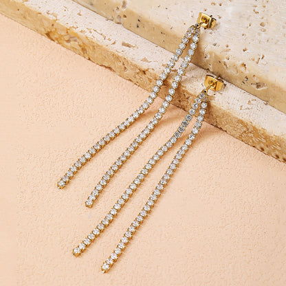 Elegant Double Drop Diamond Earrings in Stainless Steel Gold Plating - YUZENG-jewelrystore.com