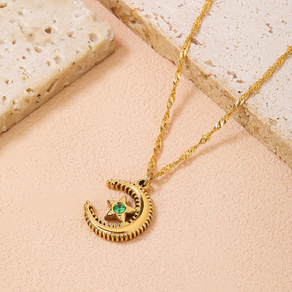 Starry Nights Green Diamond Necklace - Minimalistic Design, Stainless Steel Gold-Plated - YUZENG-jewelrystore.com