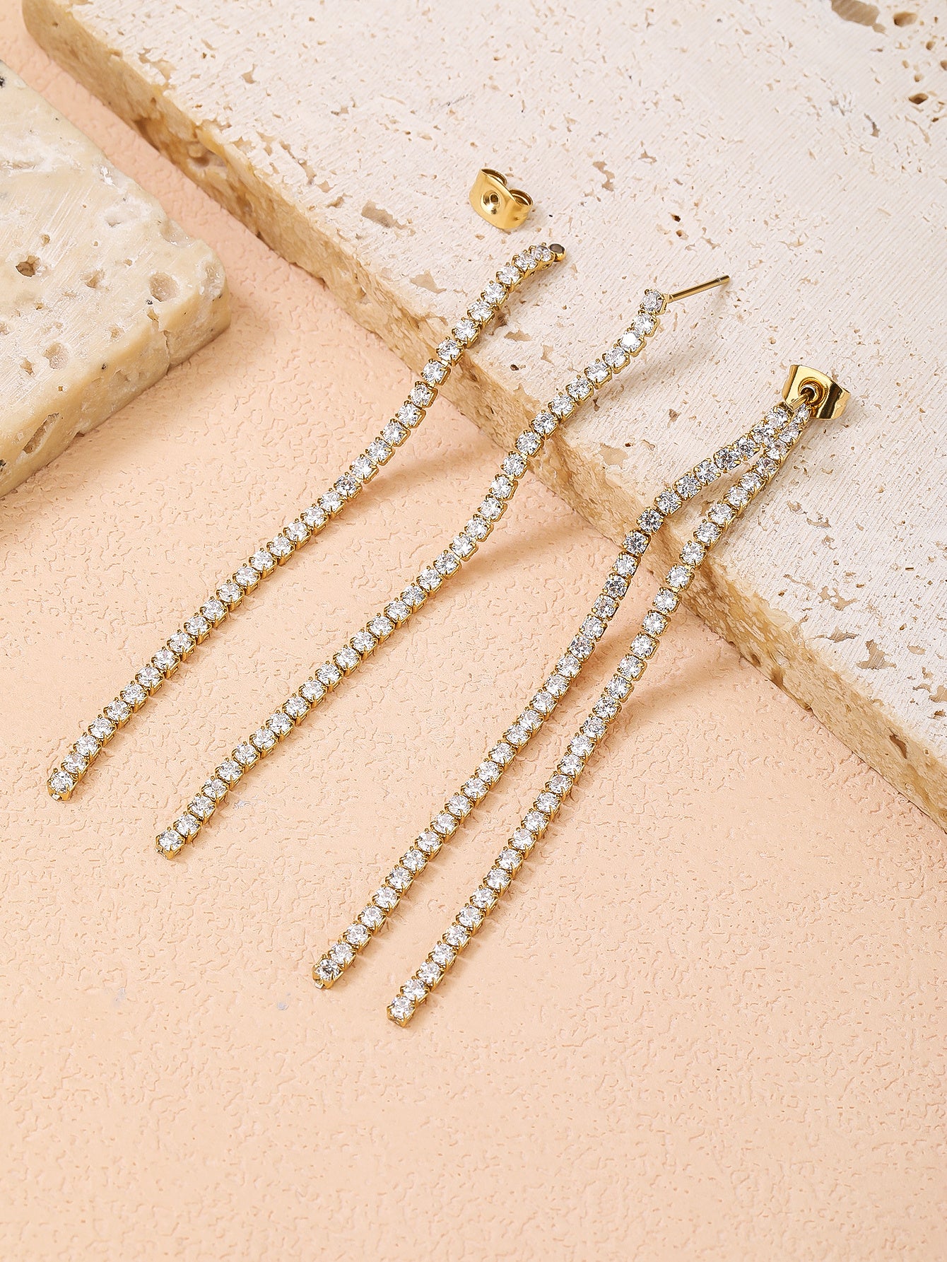 Elegant Double Drop Diamond Earrings in Stainless Steel Gold Plating - YUZENG-jewelrystore.com