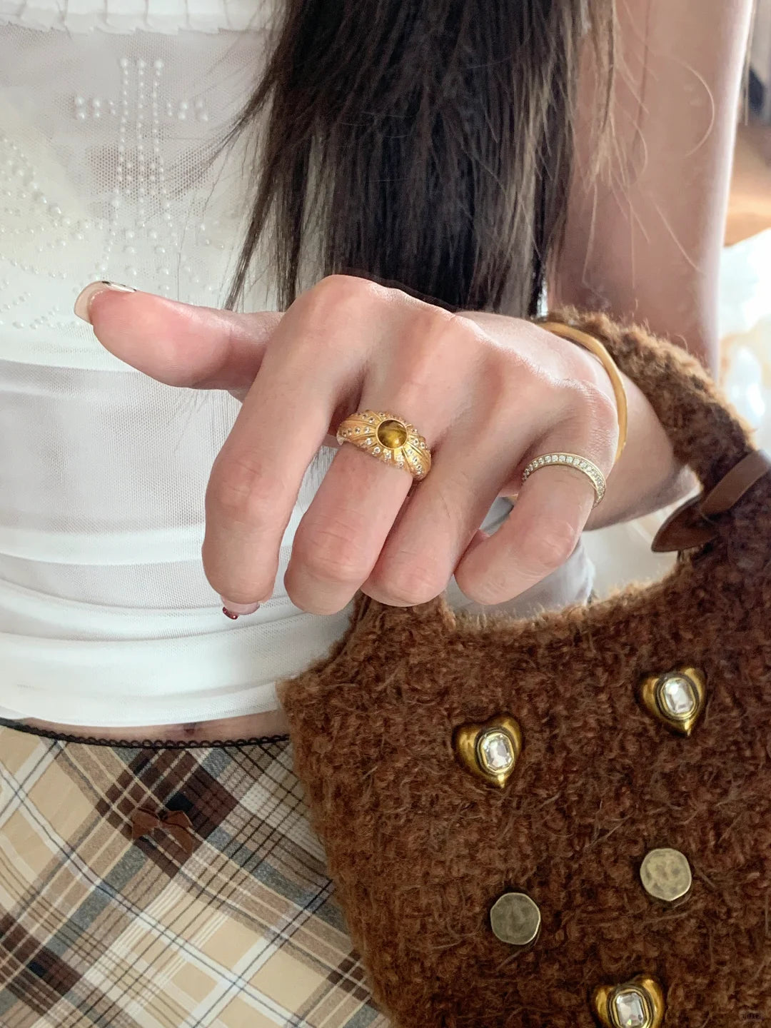 [Retro Luxe] 18k tiger eye stone ring - natural tiger eye stone - retro style brushed diamond embellishment - bring you wealth ring - energy ring - YUZENG-jewelrystore.com