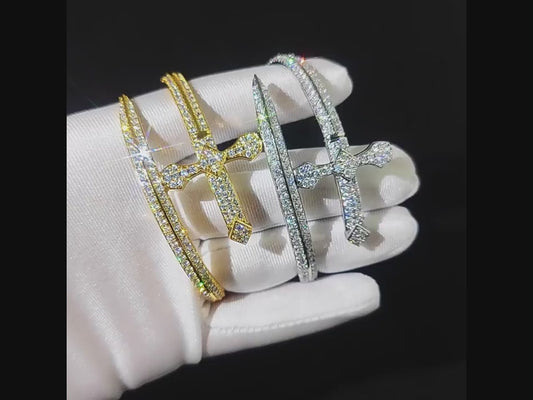 5A Zircon Justice Sword Cuff Bracelet - Miami 18K Gold Plated, Iced Out Hip Hop Style. Full Cubic Zirconia for Men and Women.